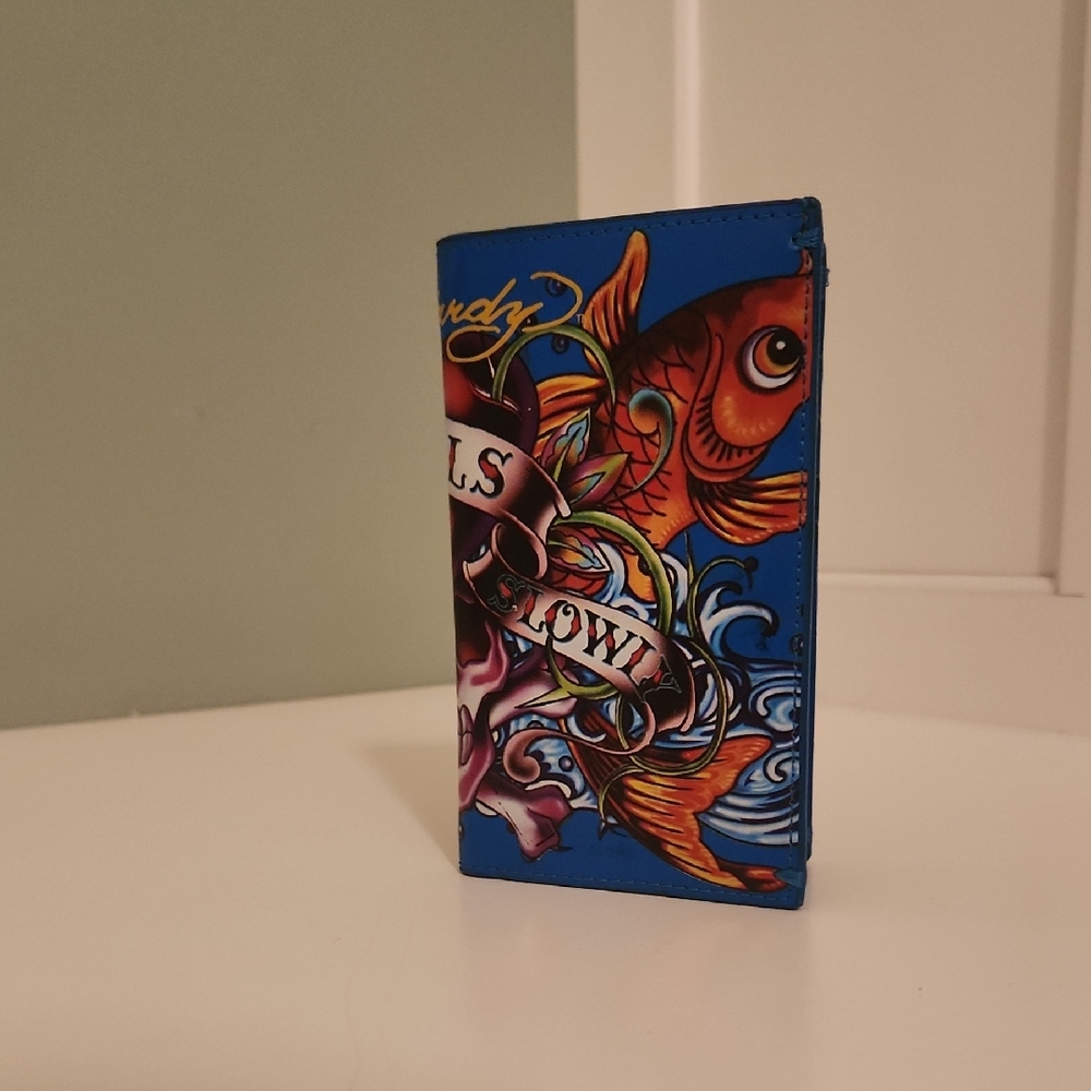 Ed Hardy "Love Kills Slowly" Blue and Orange Koi Fish Bifold Wallet